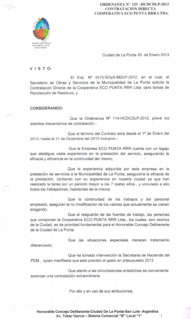 thumbnail of ORDENANZA N°129 -NO VIGENTE-HCDCDLP-2013-CONTRATACION DIRECTA COOPERATIVA ECO PUNTA RRR LTDA.