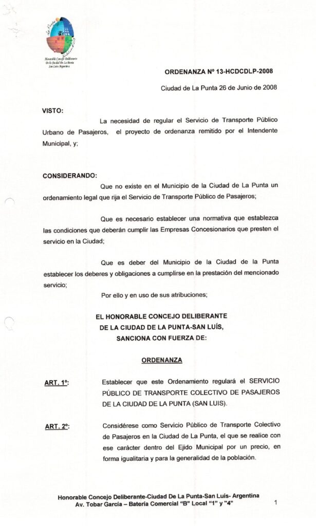 thumbnail of ORDENANZA N°13-VIGENTE-HCDCDLP-2008- ORDENAMIENTO SERVICIO PUBLICO DE TRANSPORTE COLECTIVO DE PASAJEROS