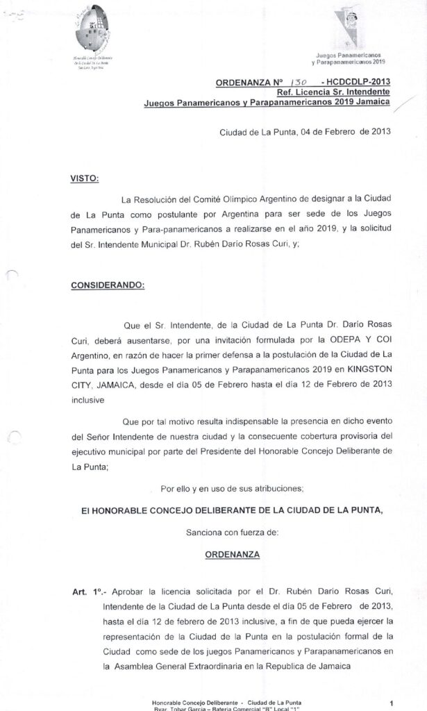 thumbnail of ORDENANZA N°130-NO VIGENTE-HCDCDLP-2013- LICENCIA SR. INTENDENTE JUEGOS PANAMERICANOS Y PARA PANAMERICANOS JAMAICA