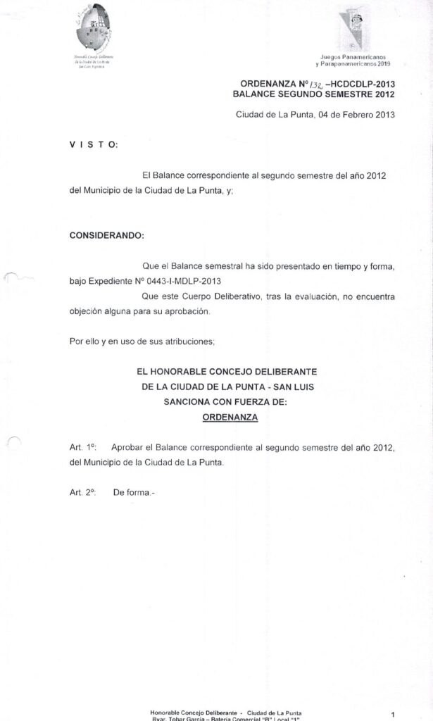 thumbnail of ORDENANZA N°132-NO VIGENTE-HCDCDLP-2013- BALANCE SEGUNDO SEMESTRE 2012