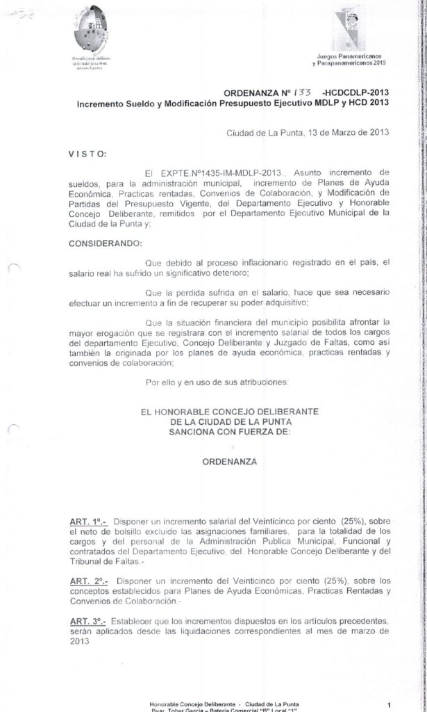 thumbnail of ORDENANZA N°133-NO VIGENTE-HCDCDLP-2013- INCREMENTO DE SUELDO Y MODIFICACIONES PRESUPUESTO EJECUTIVO MDLP Y HCD 2013