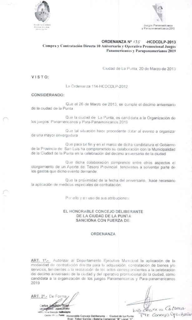 thumbnail of ORDENANZA N°135-NO VIGENTE-HCDCDLP-2013- COMPRA Y CONTRATACIONES DIRECTA 10°ANIV.Y OPERATIVO PROMOCIONAL JUEGOS PANAMERICANOS Y PARA PANAMERICANOS 2019