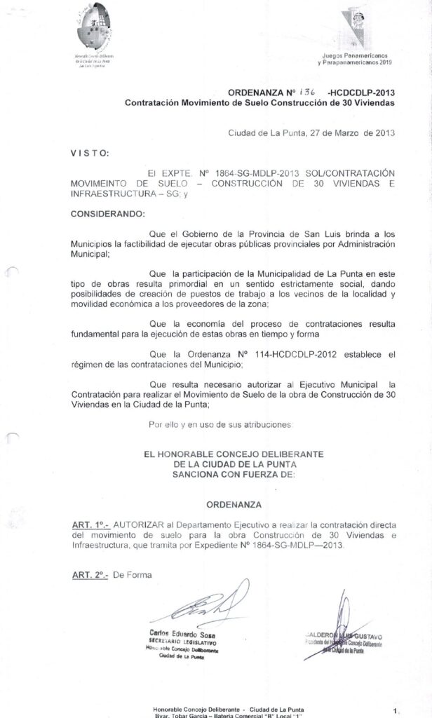 thumbnail of ORDENANZA N°136-NO VIGENTE-HCDCDLP-2013- CONTRATACION MOVIMIENTO DE SUELO CONSTRUCCION DE 30 VIVIENDAS