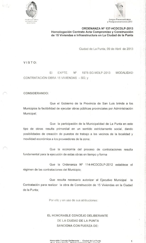 thumbnail of ORDENANZA N°137-NO VIGENTE-HCDCDLP-2013- HOMOLOGACION CONTRATO ACTA DE COMPROMISO Y CONSTRUCCIONDE 15 VIV. E INFRAESTRUCTURA DE LA CIUDAD DE LA PUNTA