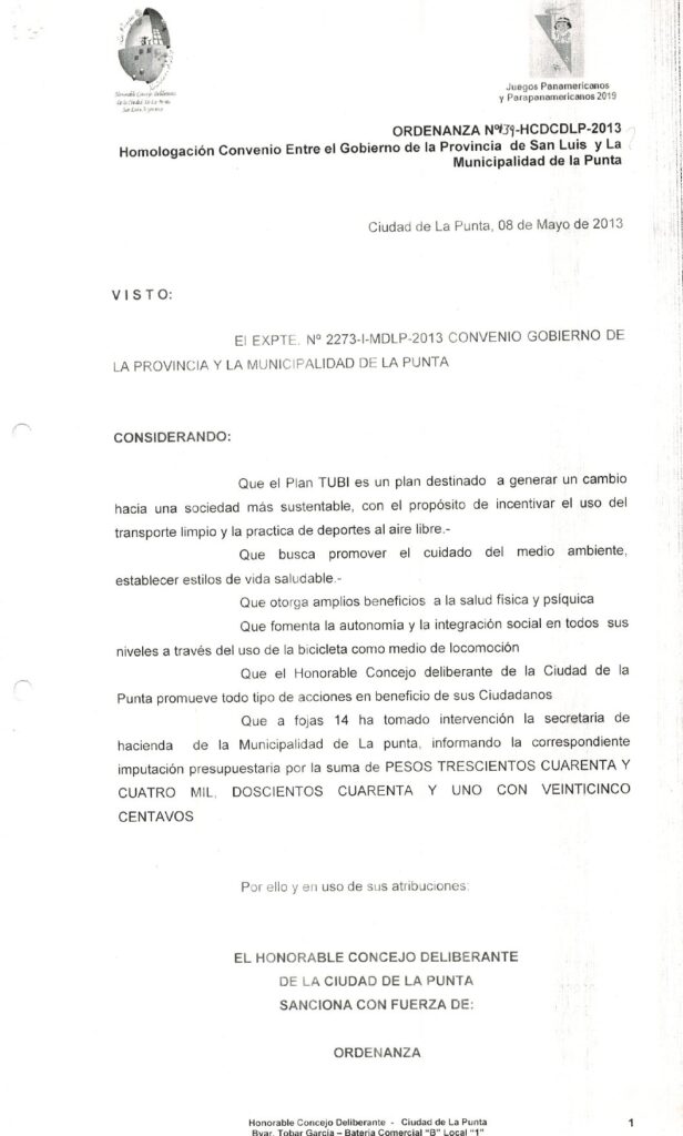 thumbnail of ORDENANZA N°139-NO VIGENTE-HCDCDLP-2013- HOMOLOGACION CONVENIO ENTRE EL GOBIERNO DE LA PROV. DE SAN LUIS Y LA MUNICIPALIDAD DE LA CIUDAD DE LA PUNTA