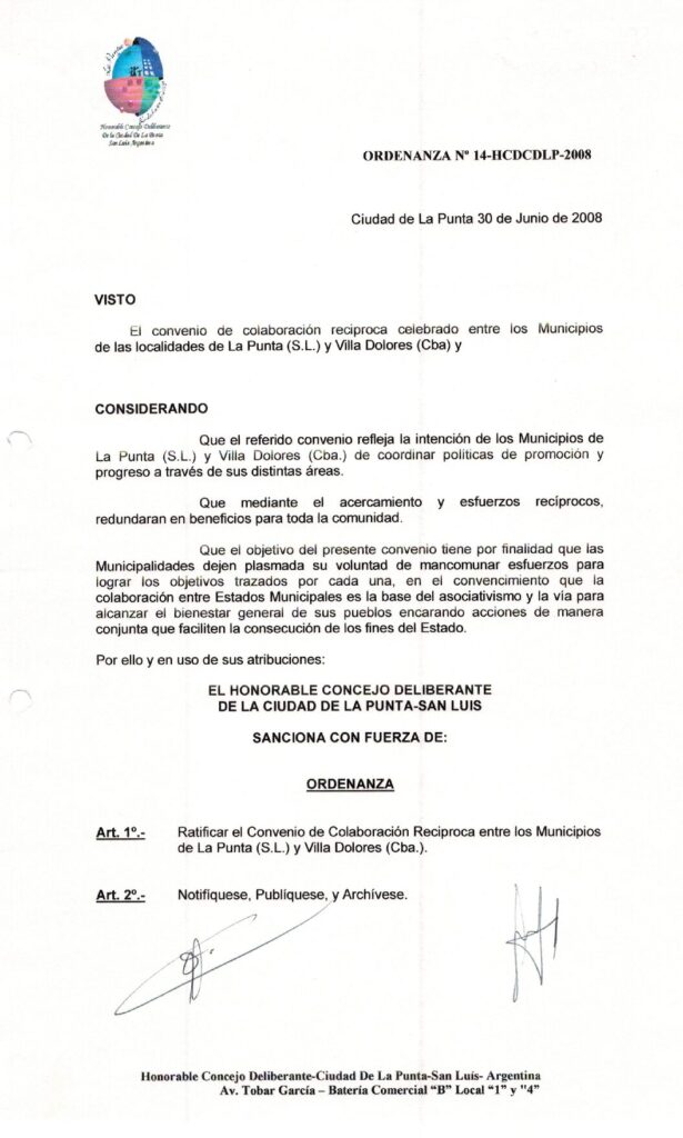 thumbnail of ORDENANZA N°14-NO VIGENTE- HCDCDLP-2008 -RATIFICA CONVENIO DE COLABORACION MUNICIPIO DE LA PUNTA Y VILLA DOLORES