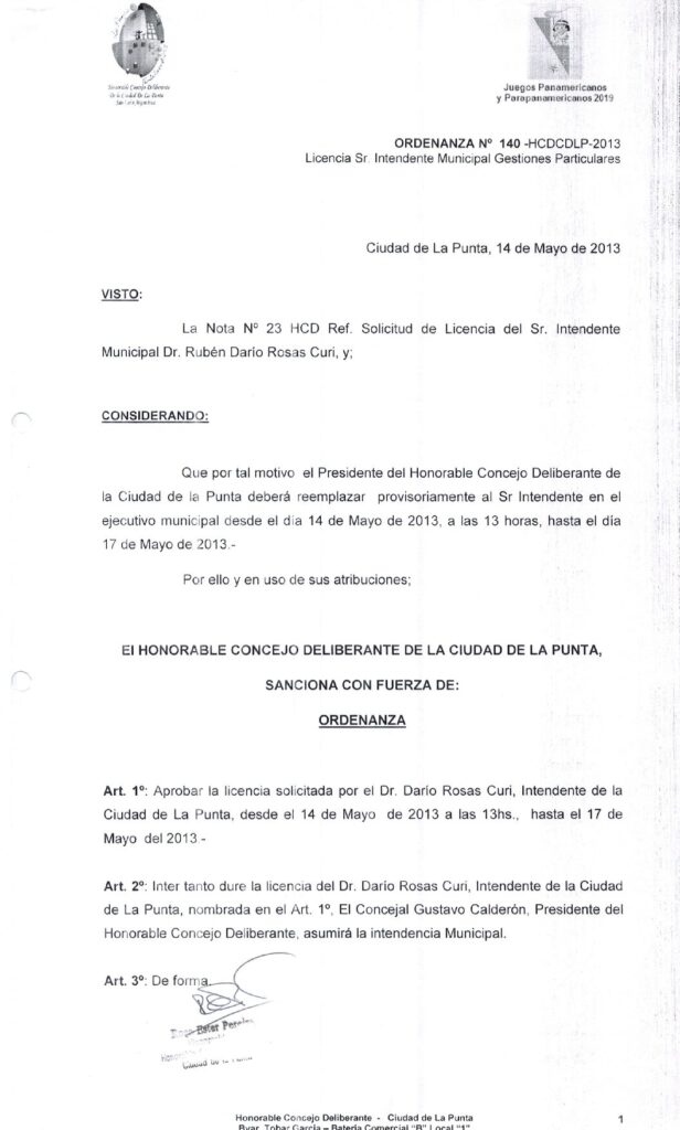 thumbnail of ORDENANZA N°140-NO VIGENTE-HCDCDLP-2013- LICENCIA DEL SR. INTENDENTE MUNICIPAL CUESTIONES MUNICIPALES