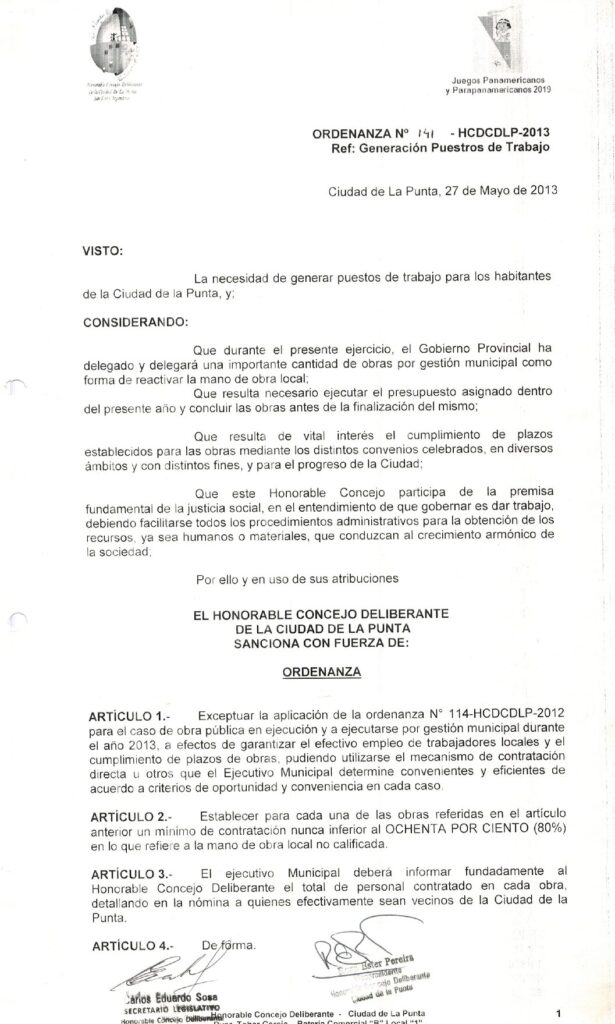 thumbnail of ORDENANZA N°141 -NO VIGENTE-HCDCDLP-2013-GENERACION PUESTOS DE TRABAJO