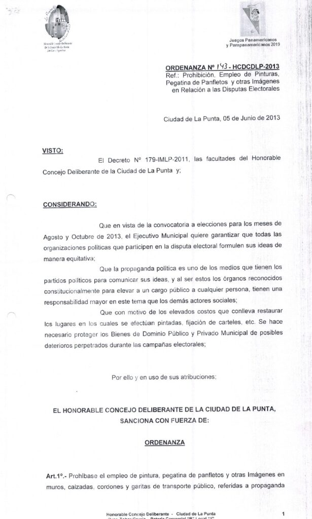 thumbnail of ORDENANZA N°143 -VIGENTE-HCDCDLP-2013-PROHIBICION EMPLEO DE PINTURAS PEGATINAS PANFLETOS Y OTRAS IMAGENES EN RELACION A LAS DISPUTAS ELECTORALES
