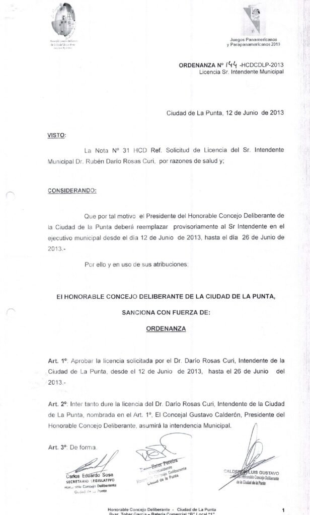 thumbnail of ORDENANZA N°144-NO VIGENTE-HCDCDLP-2013- LICENCIA DEL SR. INTENDENTE MUNICIPAL