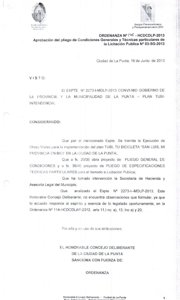 thumbnail of ORDENANZA N°145-NO VIGENTE-HCDCDLP-2013- APROBACION PLIEGO LICITACION N° 03-SG-2013