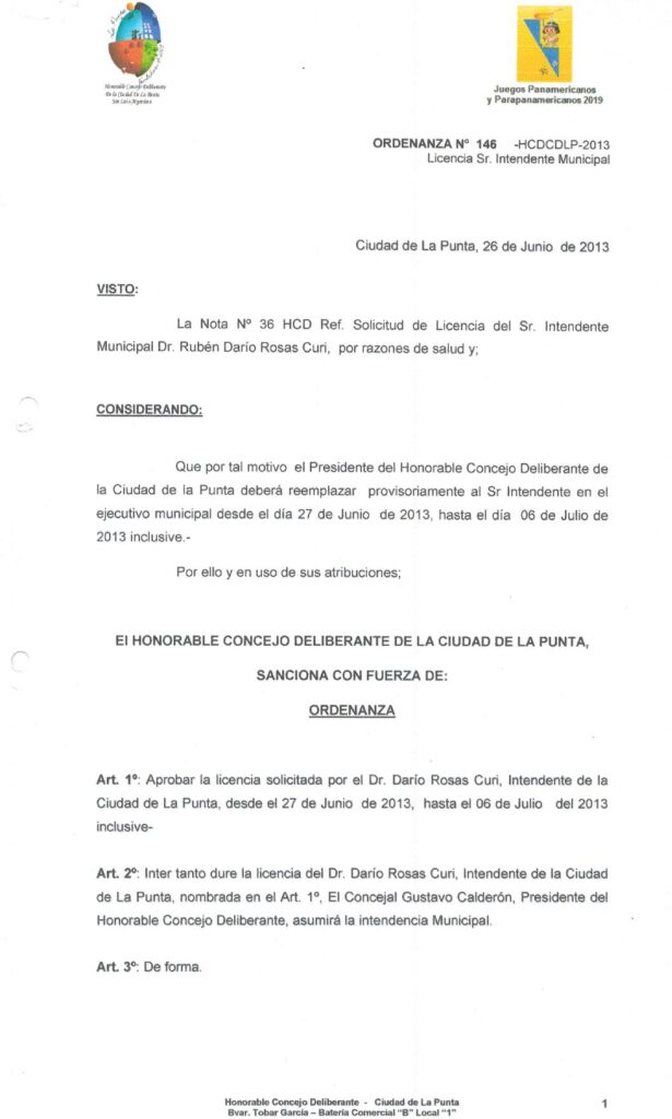 thumbnail of ORDENANZA N°146-NO VIGENTE-HCDCDLP-2013- LICENCIA SR. INTENDENTE MUNICIPAL