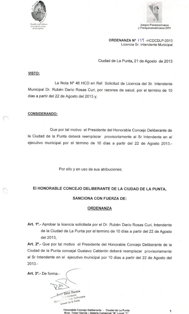 thumbnail of ORDENANZA N°149-NO VIGENTE-HCDCDLP-2013- LICENCIA SR. INTENDENTE MUNICIPAL