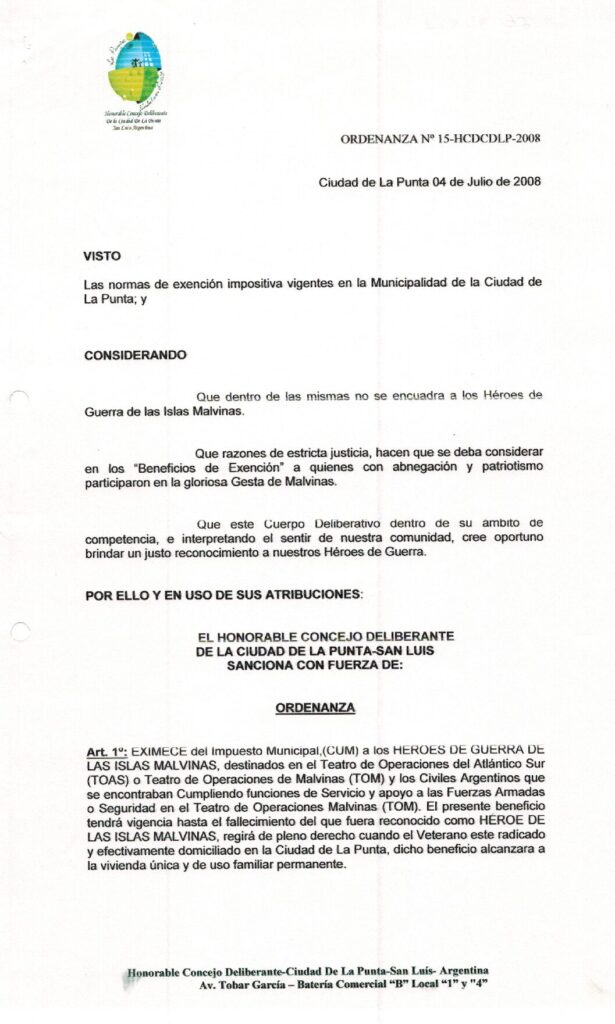 thumbnail of ORDENANZA N°15-VIGENTE-HCDCDLP-2008- EXIMICION CUM HEROES DE GUERRA DE MALVINAS RADICADOS EN LA PUNTA