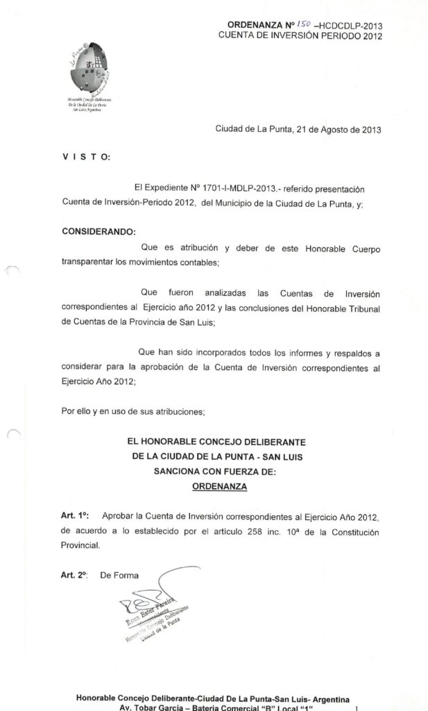 thumbnail of ORDENANZA N°150-NO VIGENTE-HCDCDLP-2013- CUENTA DE INVERSION PERIODO 2012