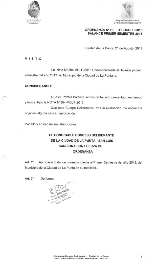 thumbnail of ORDENANZA N°151-NO VIGENTE-HCDCDLP-2013- BALANCE PRIMER SEMESTRE 2013