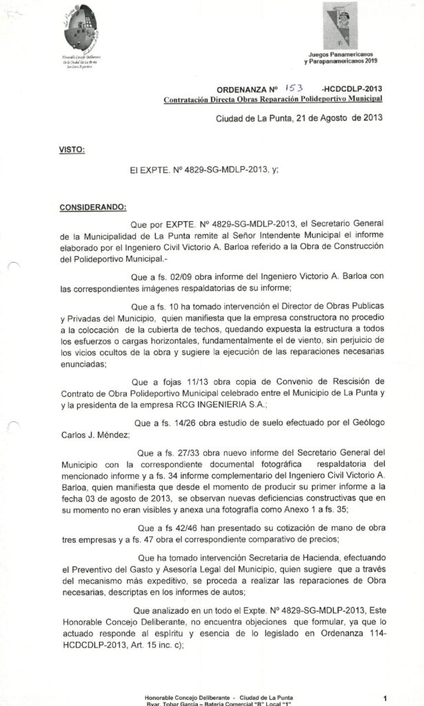 thumbnail of ORDENANZA N°153-NO VIGENTE-HCDCDLP-2013- CONTRATACION DIRECTA OBRAS REPARACION POLIDEPORTIVO MUNICIPAL