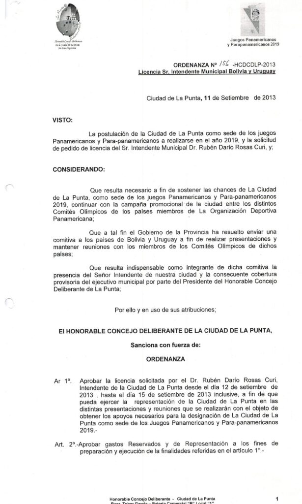 thumbnail of ORDENANZA N°156-NO VIGENTE-HCDCDLP-2013- LICENCIA SR. INTENDENTE MUNICIPAL BOLIVIA Y URUGUAY