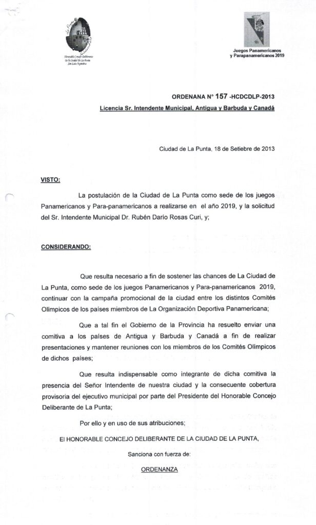 thumbnail of ORDENANZA N°157-NO VIGENTE-HCDCDLP-2013- LICENCIA SR.INTENDENTE MUNICIPAL, ANTIGUA Y BARBUDAS Y CANADA