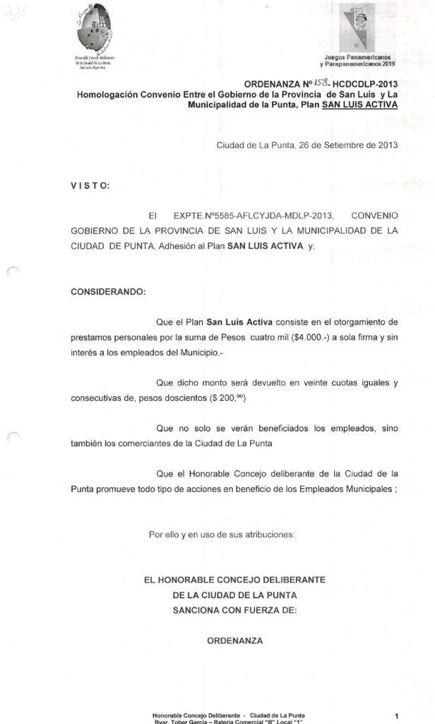 thumbnail of ORDENANZA N°158-NO VIGENTE-HCDCDLP-2013- HOMOLOGACION CONVENIO ENTRE GOBIERNO DE LA PROV. DE SAN LUIS Y LA MUNICIPALIDAD DE LA PUNTA, SAN LUIS ACTIVA