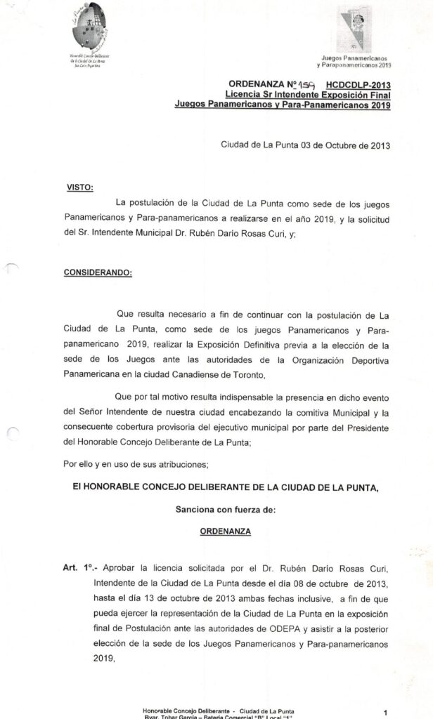 thumbnail of ORDENANZA N°159 -NO VIGENTE-HCDCDLP-2013-LICENCIA SR.INTENDENTE EXPOSICION FINAL JUEGOS PANAMERICANOS Y PARA PARAMERICANOS