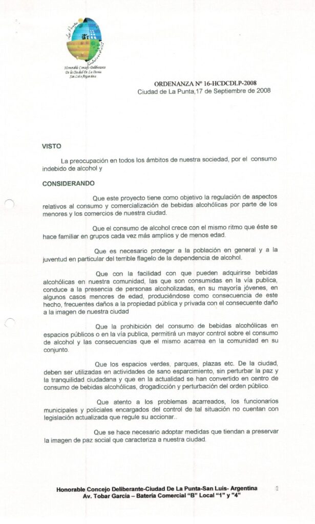 thumbnail of ORDENANZA N°16 -NO VIGENTE-HCDCDLP-2008-PROHIBICIONES SOBRE BEBIDAS ALCOHOLICAS