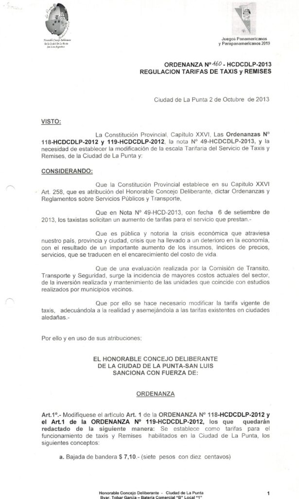 thumbnail of ORDENANZA N°160-NO VIGENTE-HCDCDLP-2013- REGULARIZACION TARIFARIA DE TAXIS Y REMISES
