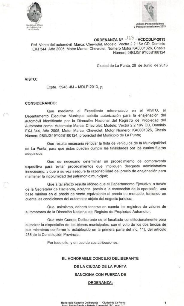 thumbnail of ORDENANZA N°163 -NO VIGENTE-HCDCDLP-2013-VENTA DE AUTOMOVIL