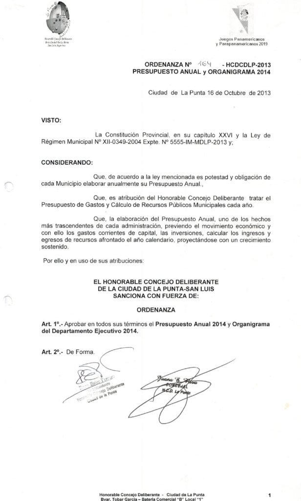 thumbnail of ORDENANZA N°164-NO VIGENTE-HCDCDLP-2013- PRESUPUESTO ANUAL Y ORGANIGRAMA 2014