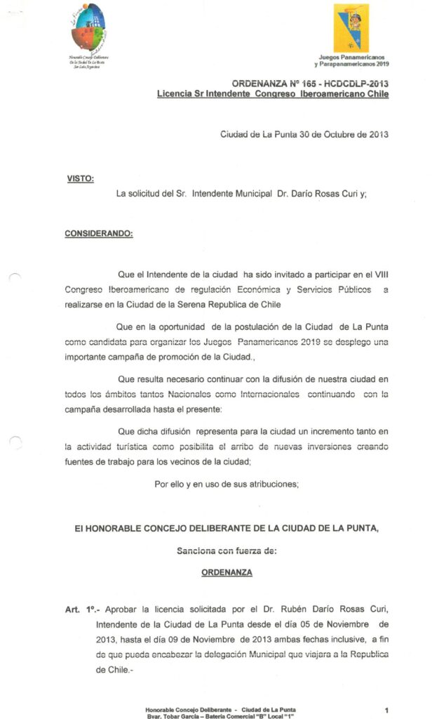 thumbnail of ORDENANZA N°165 -NO VIGENTE-HCDCDLP-2013-LICENCIA SR.INTENDENTE CONGRESO IBEROAMERICANO CHILE