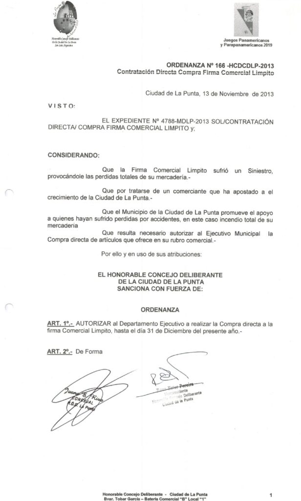 thumbnail of ORDENANZA N°166-NO VIGENTE-HCDCDLP-2013- CONTRATACION DIRECTA FIRMA COMERCIAL LIMPITO