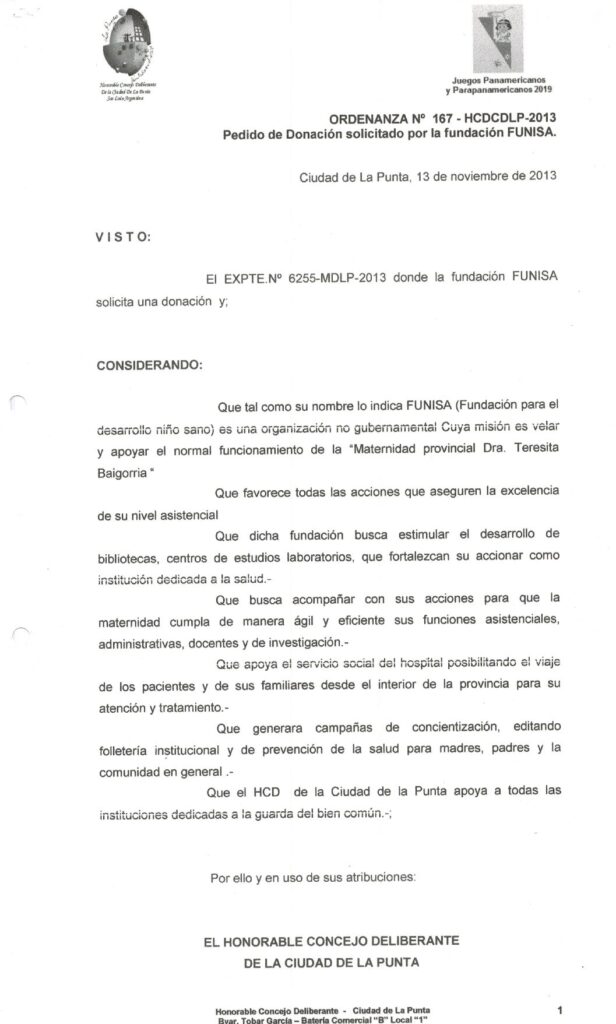 thumbnail of ORDENANZA N°167-NO VIGENTE-HCDCDLP-2013- PEDIDO DE DONACION SOLICITADO POR LA FUNDACION FUNISA.