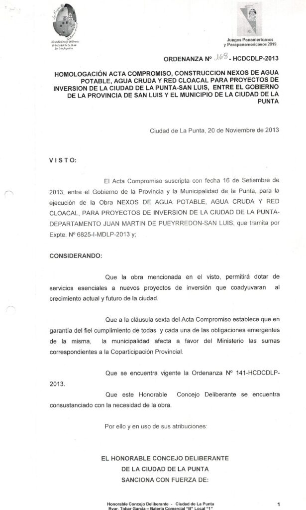 thumbnail of ORDENANZA N°168-NO VIGENTE-HCDCDLP-2013 HOMOLOGACION ACTA COMPROMISO CONSTRUCCION NEXOS DE AGUA POTABLE