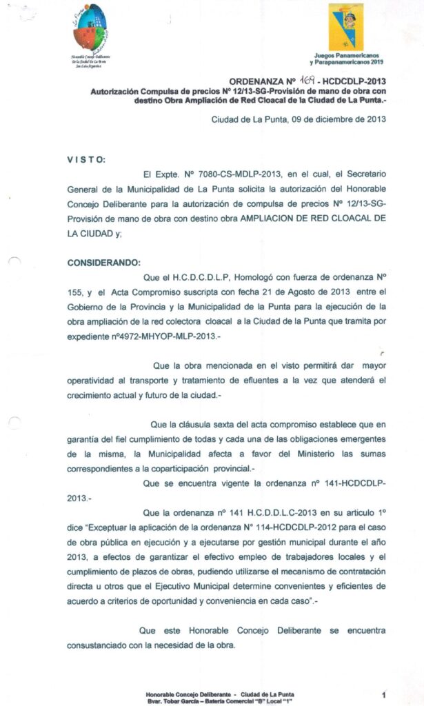 thumbnail of ORDENANZA N°169 AUTORIZACION COMPULSA DE PRECIO N°12-13-SG- PROVISION DE MANO DE OBRA CON DESTINO OBRA AMPLIACION DE RED CLOACAL DE LA CIUDAD DE LA PUNTA.