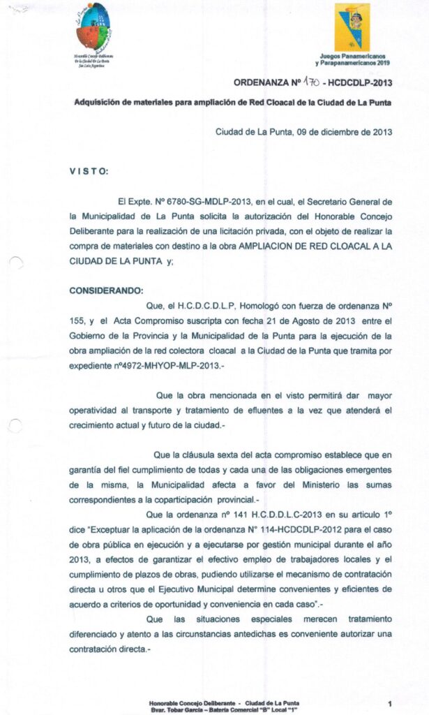 thumbnail of ORDENANZA N°170-NO VIGENTE-HCDCDLP-2013- ADQUISICION DE MATERIALES PARA AMPLIACION DE RED CLOACAL DE LA CIUDAD DE LA PUNTA.