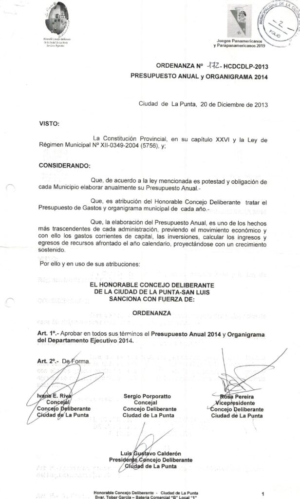 thumbnail of ORDENANZA N°172-NO VIGENTE-HCDCDLP-2013- PRESUPUESTO ANUAL Y ORGANIGRAMA 2014
