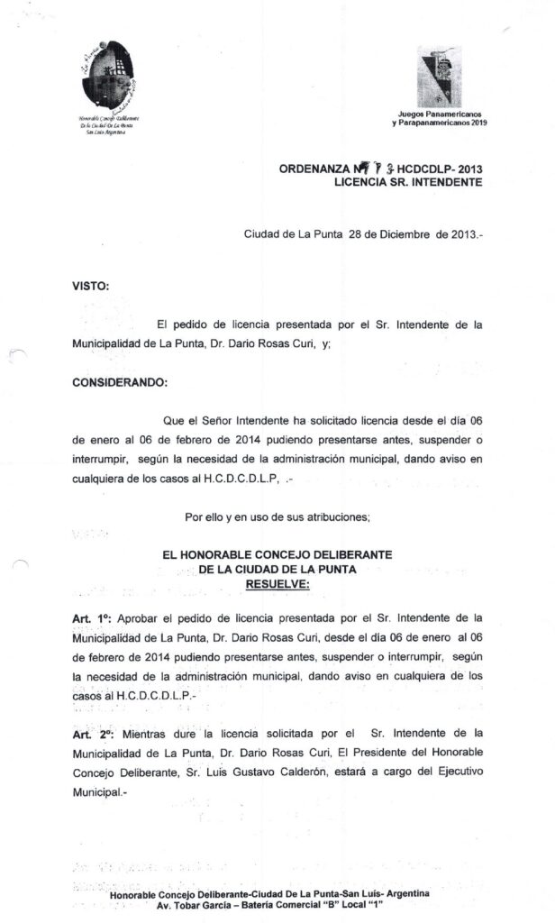 thumbnail of ORDENANZA N°173 -NO VIGENTE-HCDCDLP-2013-LICENCIA SR. INTENDENTE.