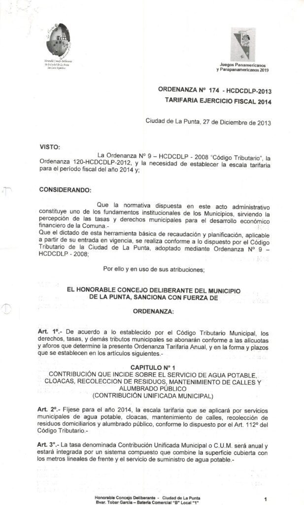 thumbnail of ORDENANZA N°174-NO VIGENTE-HCDCDLP-2013- TARIFARIA EJERCICIO FISCAL 2014