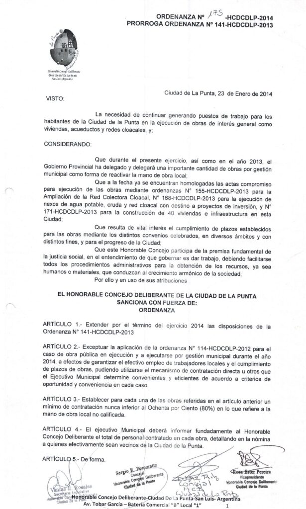 thumbnail of ORDENANZA N°175-NO VIGENTE-HCDCDLP-2014- PRORROGA ORDENANZA N°141