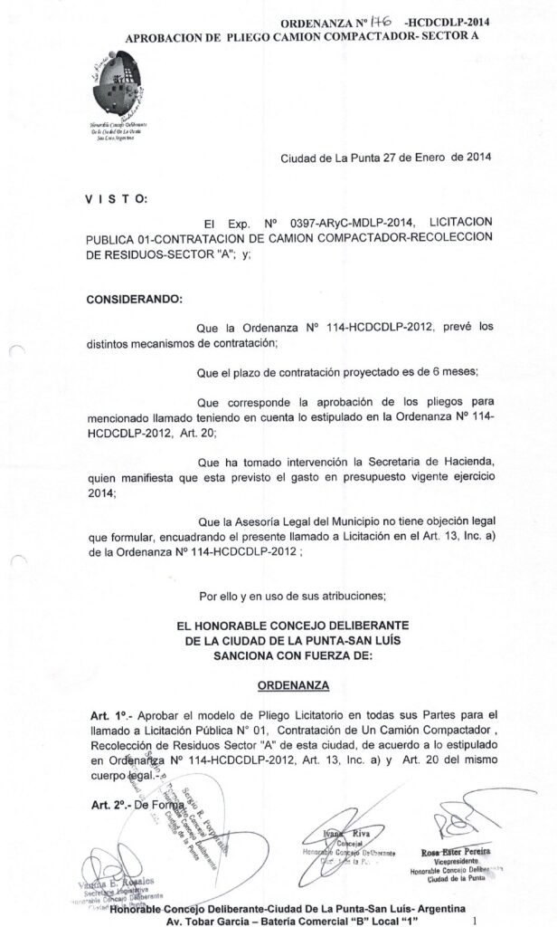 thumbnail of ORDENANZA N°176-NO VIGENTE-HCDCDLP-2014- APROBACION DE PLIEGO CAMION COMPACTADOR-SECTOR A