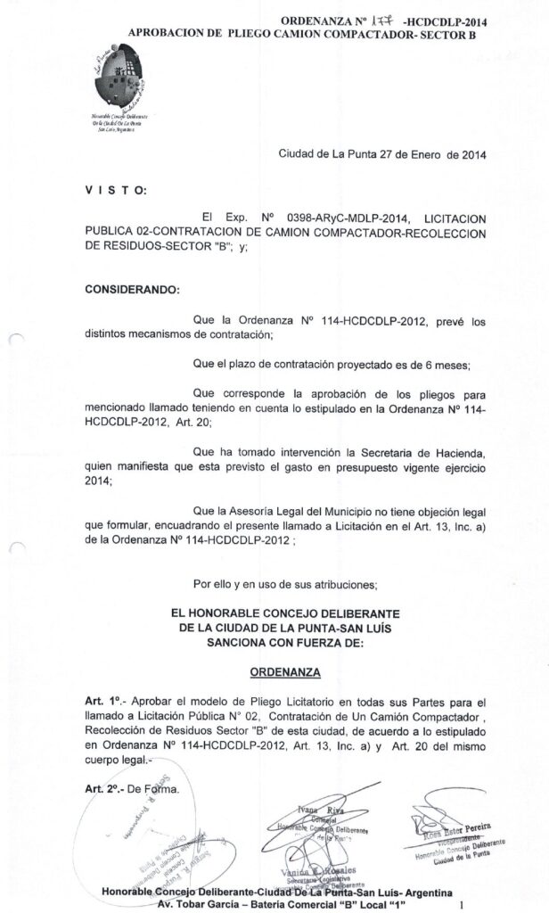 thumbnail of ORDENANZA N°177-NO VIGENTE-HCDCDLP-2014- APROBACION DE PLIEGOCAMION COMPACTADOR-SECTOR B
