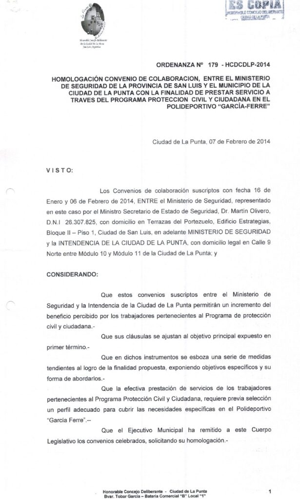 thumbnail of ORDENANZA N°179-NO VIGENTE-HCDCDLP-2014- HOMOLOGACION CONVENIO MINISTERIO DE SEGURIDAD DE LA PROV. DE SAN LUIS Y MDLP