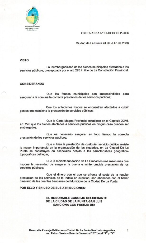 thumbnail of ORDENANZA N°18 -VIGENTE-HCDCDLP-2008 INEMBARGABILIDAD CUENTAS CORRIENTES BANCARIAS
