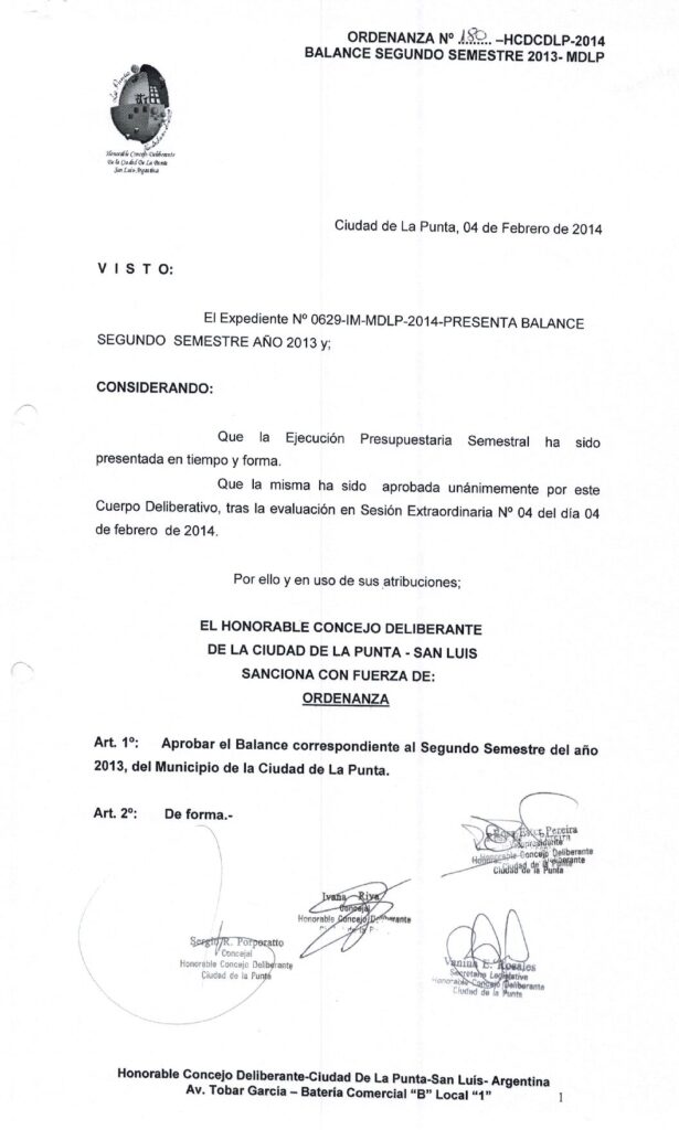 thumbnail of ORDENANZA N°180-NO VIGENTE-HCDCDLP-2014- BALANCE SEGUNDO SEMESTRE 2013-MDLP