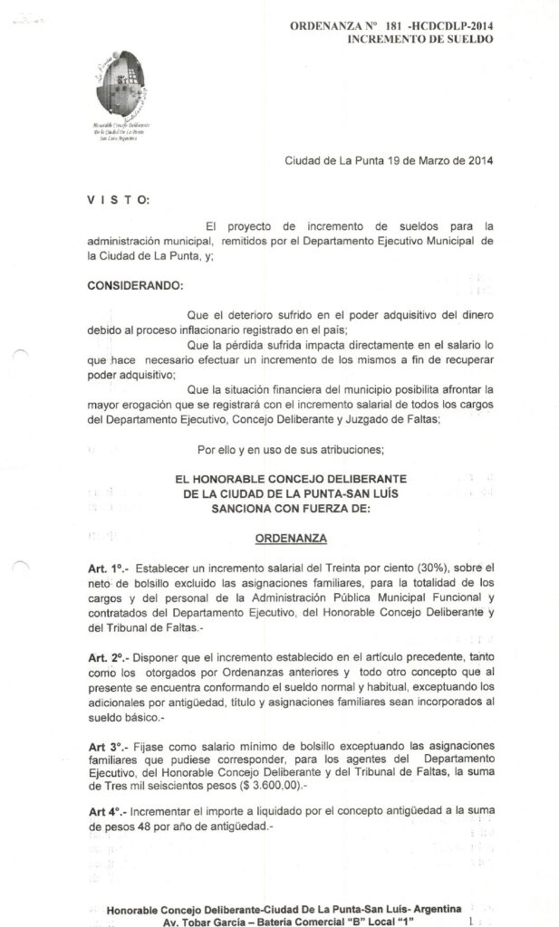 thumbnail of ORDENANZA N°181-NO VIGENTE-HCDCDLP-2014- INCREMENTO DE SUELDO