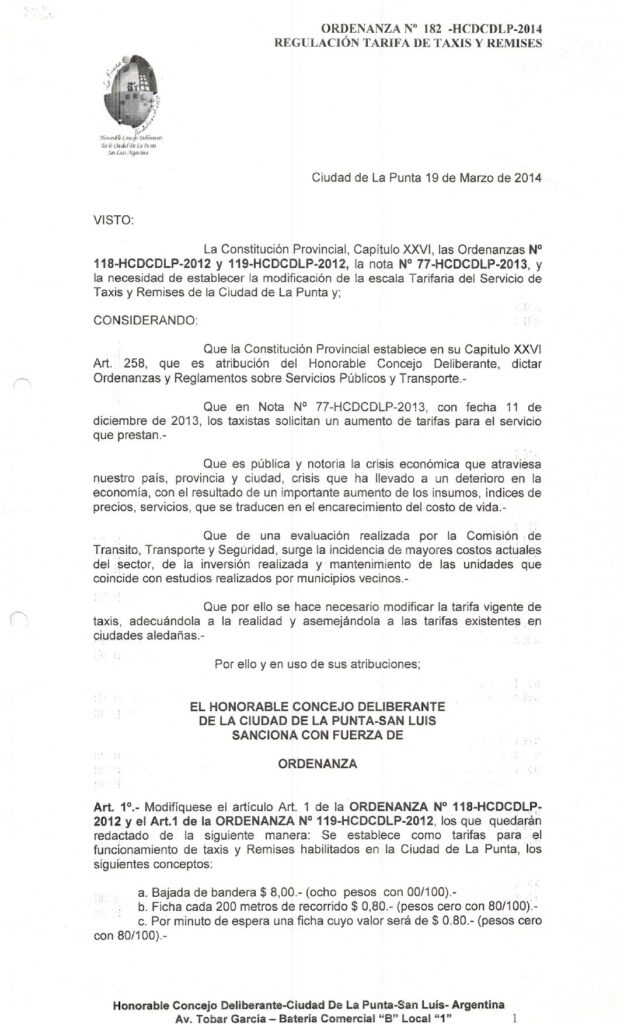 thumbnail of ORDENANZA N°182-NO VIGENTE-HCDCDLP-2014- REGULACION TARIFA DE TAXIS Y REMISES
