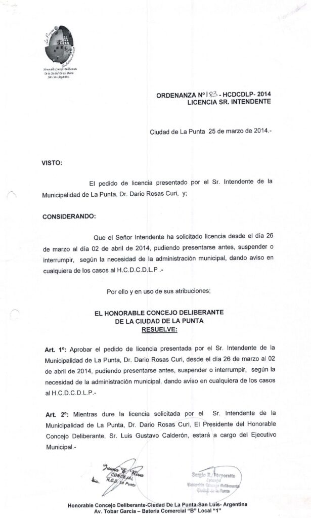 thumbnail of ORDENANZA N°183-NO VIGENTE-HCDCDLP-2014- LICENCIA SR.INTENDENTE