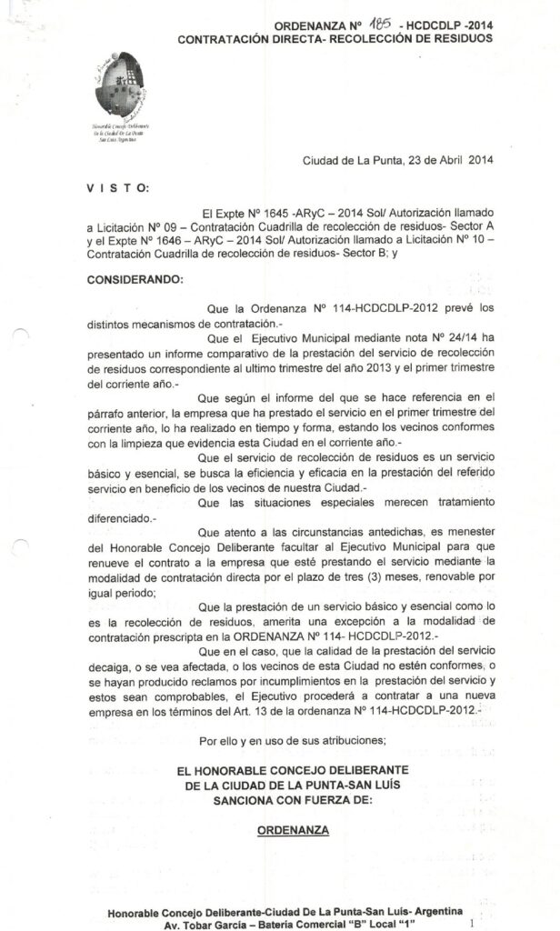 thumbnail of ORDENANZA N°185-NO VIGENTE-HCDCDLP-2014-CONTRATACION DIRECTA-RECOLECCION DE RESIDUOS