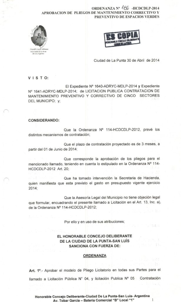 thumbnail of ORDENANZA N°186-NO VIGENTE-HCDCDLP-2014- APROBACION DE PLIEGOS DE MANTENIMIENTO CORRECTIVO Y PREVENTIVO DE ESPACIOS VERDES