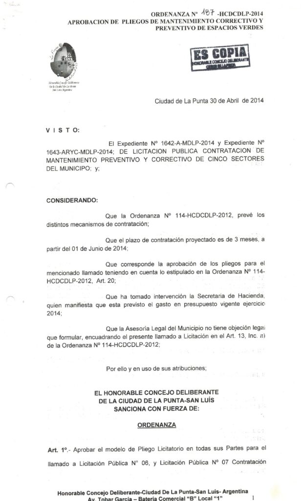 thumbnail of ORDENANZA N°187-NO VIGENTE-HCDCDLP-2014- APROBACION DE PLIEGOS DE MANTENIMIENTO CORRECTIVO Y PREVENTIVO DE ESPACIOS VERDES.